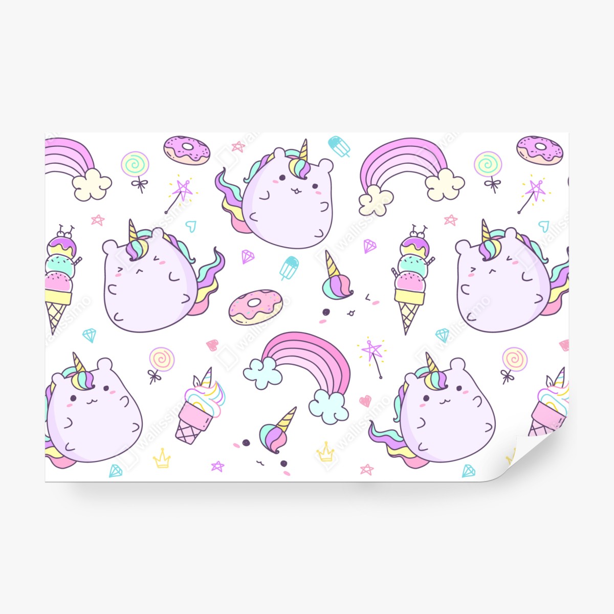 Fototapeta zabawny pastelowy wzór z jednorożcowym kotem – Wallissimo® Fototapeta zabawny pastelowy wzór z jednorożcowym kotem – Wallissimo®