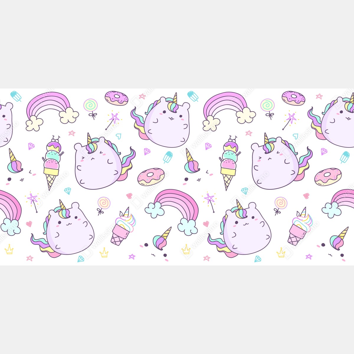 Fototapeta zabawny pastelowy wzór z jednorożcowym kotem – Wallissimo® Fototapeta zabawny pastelowy wzór z jednorożcowym kotem – Wallissimo®