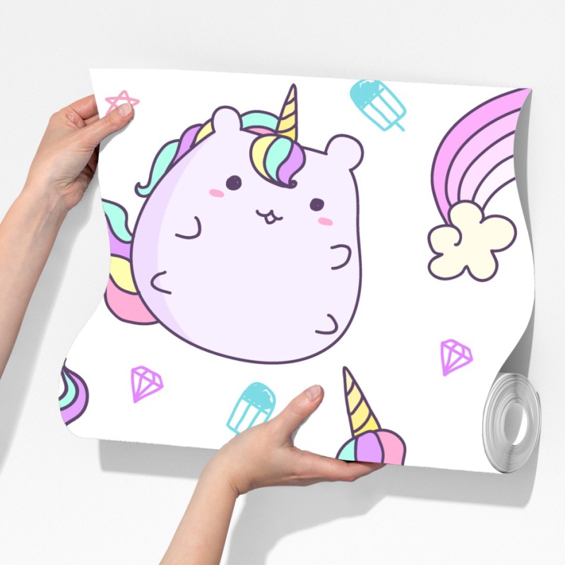 Fototapeta zabawny pastelowy wzór z jednorożcowym kotem – Wallissimo® Fototapeta zabawny pastelowy wzór z jednorożcowym kotem – Wallissimo®