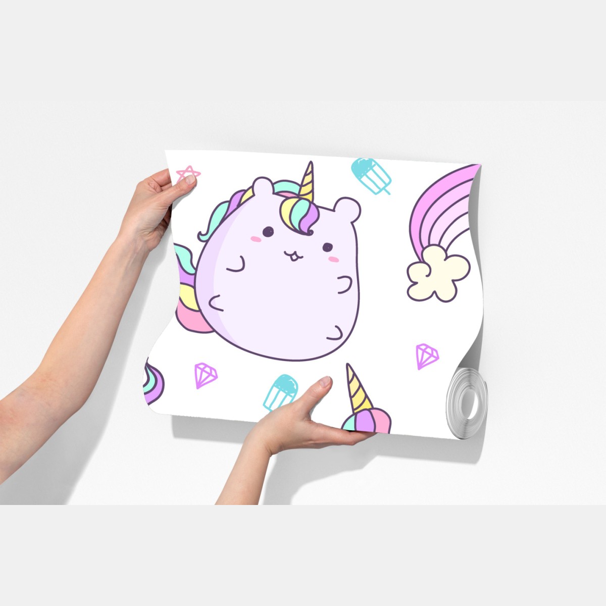 Fototapeta zabawny pastelowy wzór z jednorożcowym kotem – Wallissimo® Fototapeta zabawny pastelowy wzór z jednorożcowym kotem – Wallissimo®