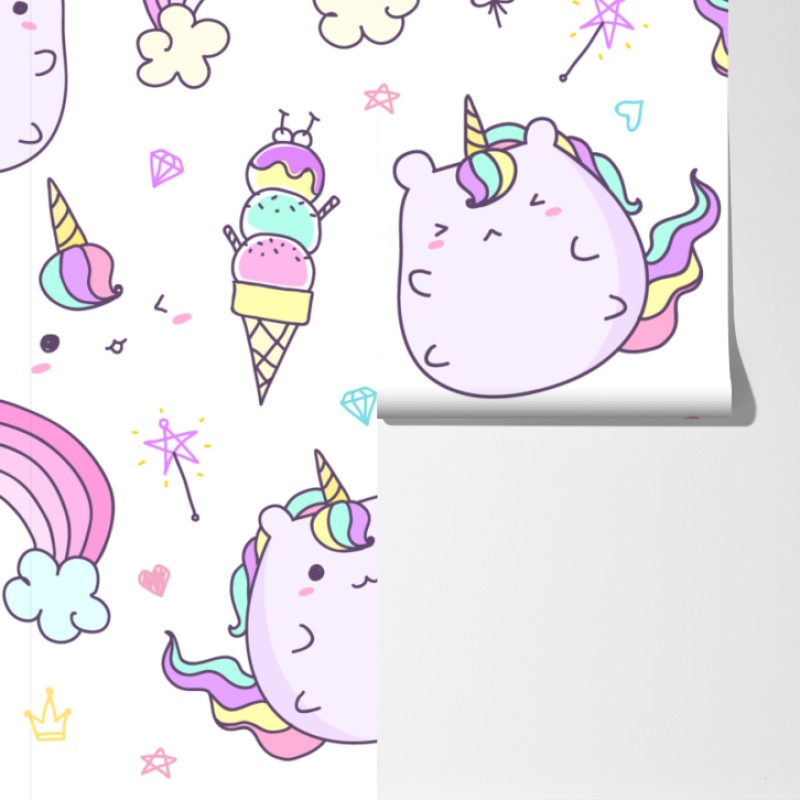 Fototapeta zabawny pastelowy wzór z jednorożcowym kotem – Wallissimo® Fototapeta zabawny pastelowy wzór z jednorożcowym kotem – Wallissimo®
