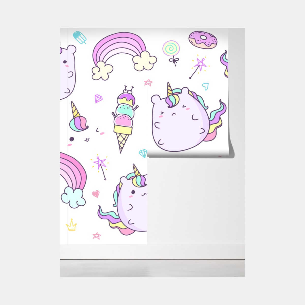 Fototapeta zabawny pastelowy wzór z jednorożcowym kotem – Wallissimo® Fototapeta zabawny pastelowy wzór z jednorożcowym kotem – Wallissimo®