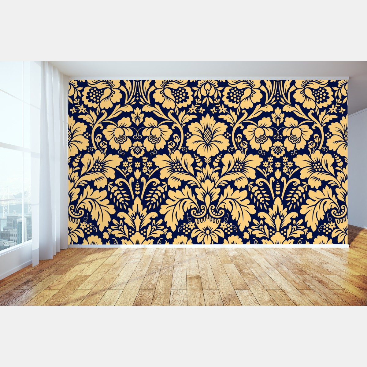 Wall mural navy and beige damask floral pattern