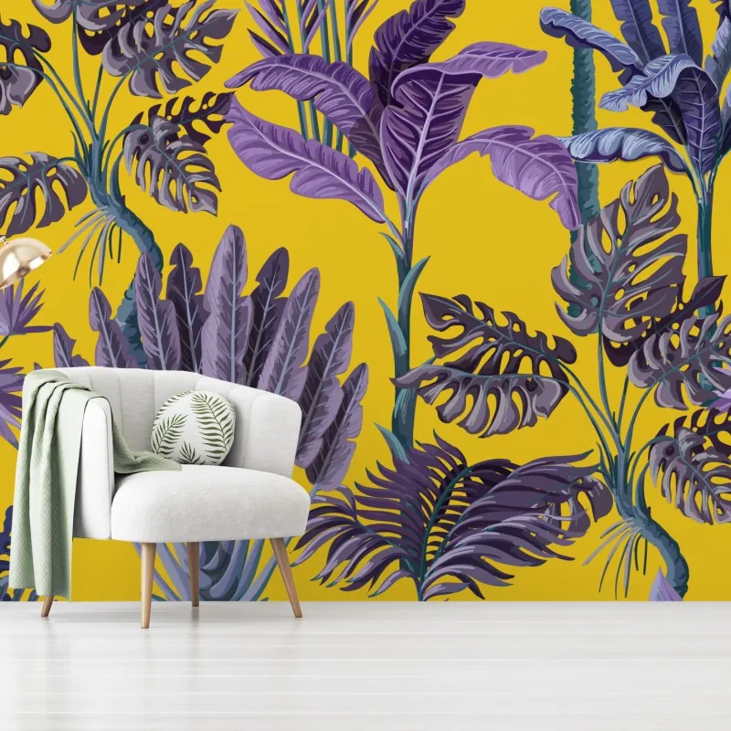 Fototapeta tropikalne fioletowe liście na żółtym tle