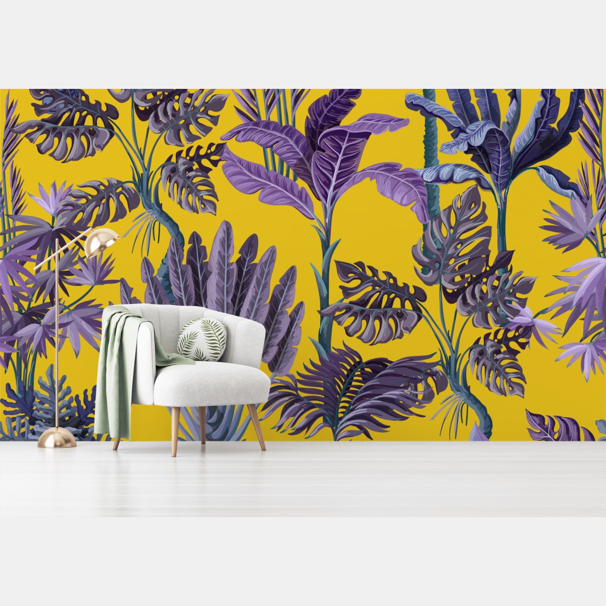 Wall mural tropical purple foliage on yellow background