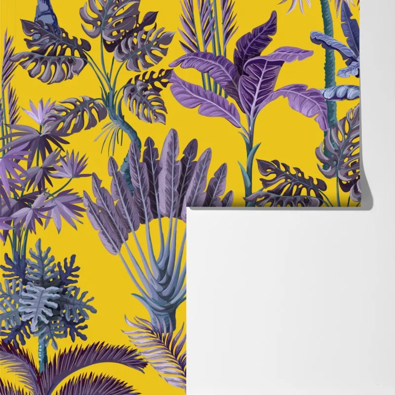 Fototapeta tropikalne fioletowe liście na żółtym tle – Wallissimo® Fototapeta tropikalne fioletowe liście na żółtym tle – Wallissimo®