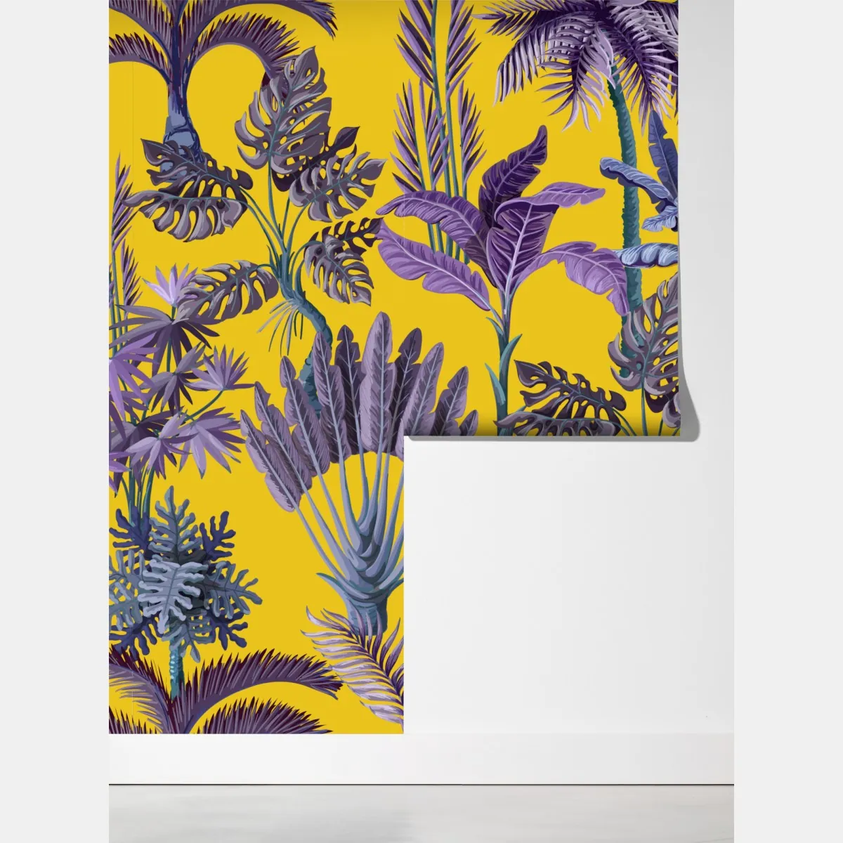 Fototapeta tropikalne fioletowe liście na żółtym tle – Wallissimo® Fototapeta tropikalne fioletowe liście na żółtym tle – Wallissimo®