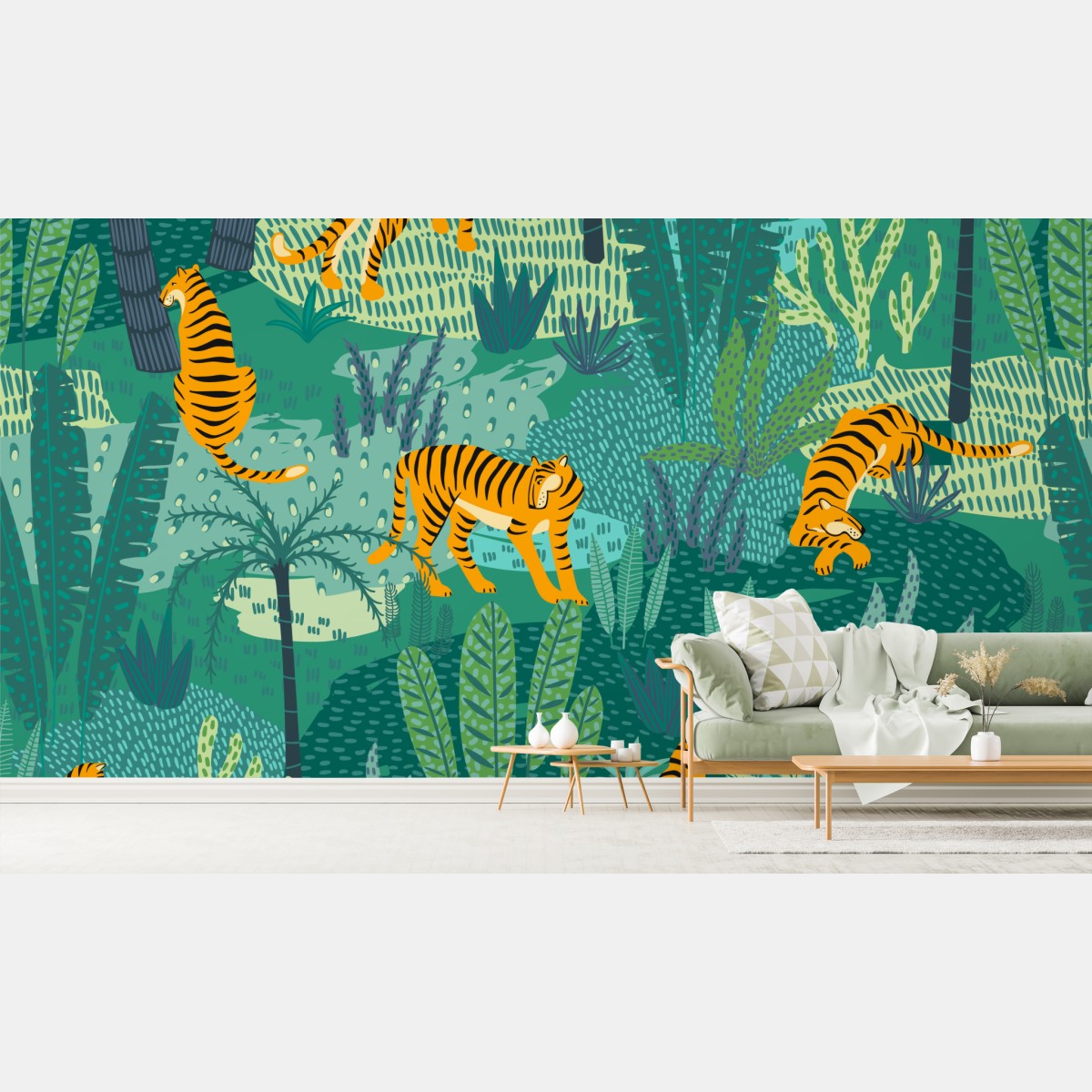 Wall mural tropical jungle with tigers pattern