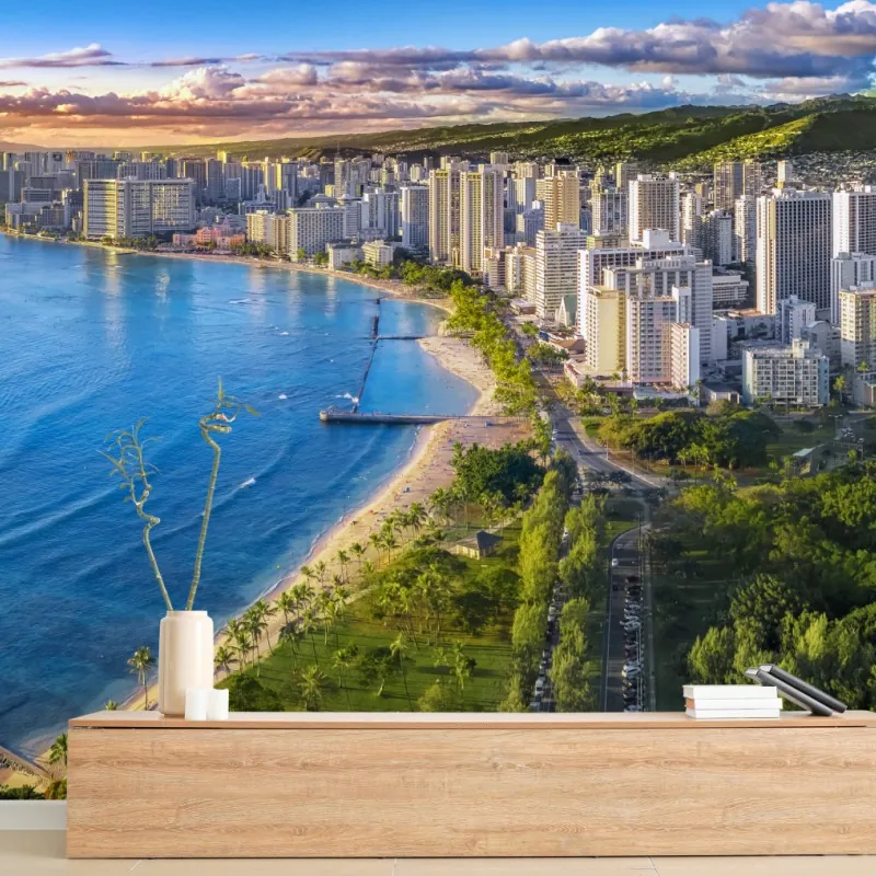 Fototapeta panorama nadmorskiego miasta o zachodzie słońca