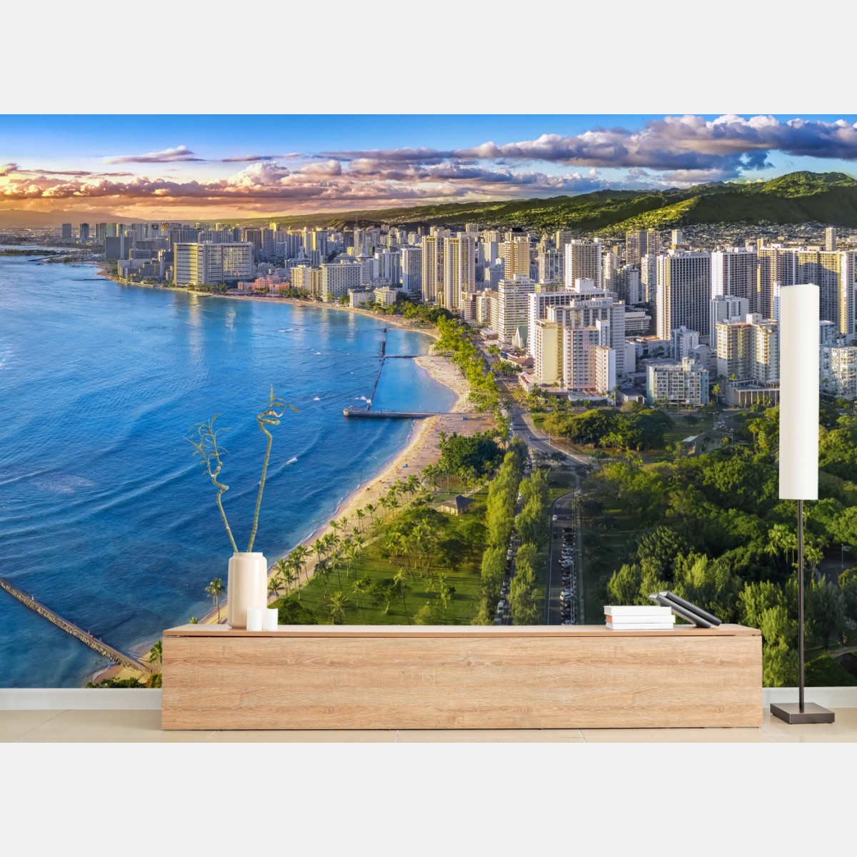 Wall mural coastal city skyline at sunset