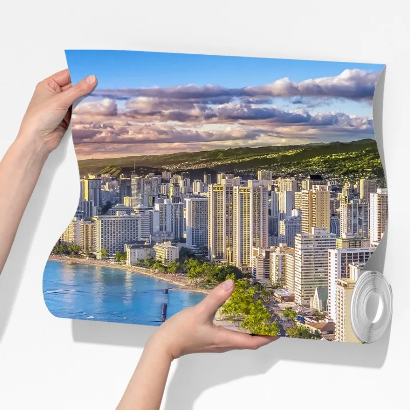 Fototapeta panorama nadmorskiego miasta o zachodzie słońca – Wallissimo® Fototapeta panorama nadmorskiego miasta o zachodzie słońca – Wallissimo®