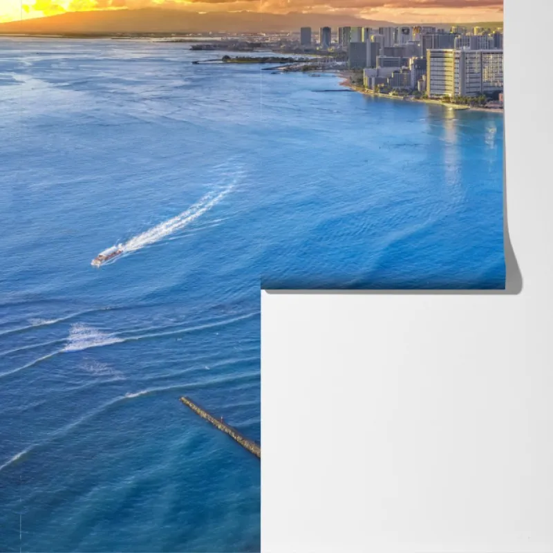 Fototapeta panorama nadmorskiego miasta o zachodzie słońca – Wallissimo® Fototapeta panorama nadmorskiego miasta o zachodzie słońca – Wallissimo®