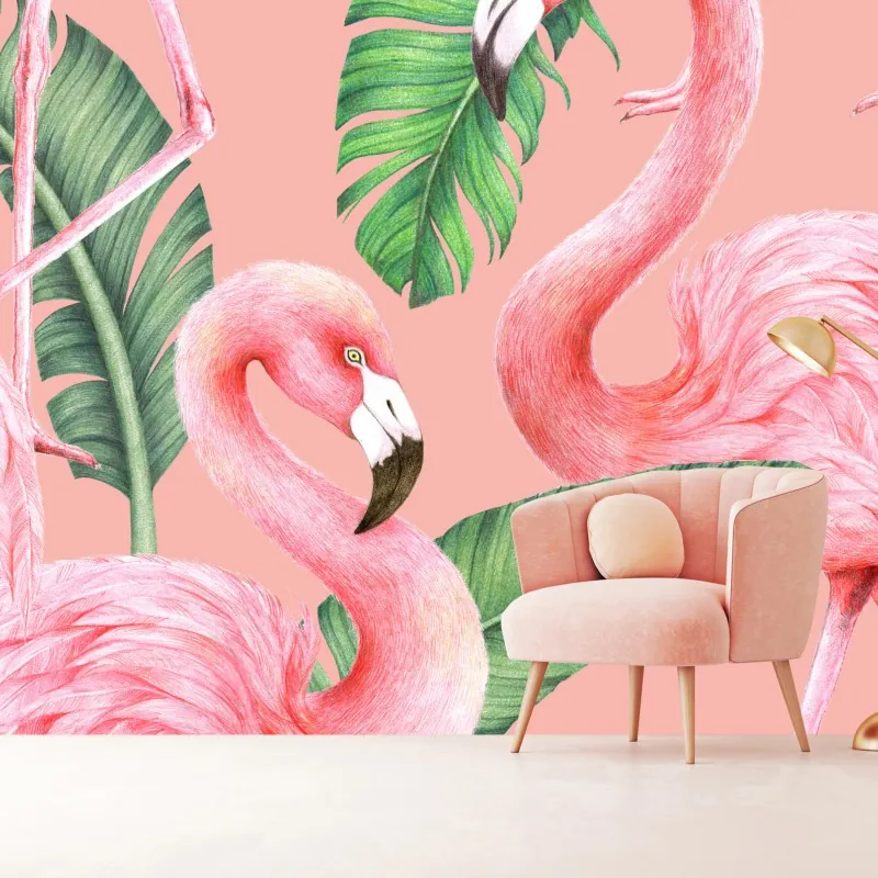 Fototapeta różowy wzór z flamingami i liśćmi tropikalnymi