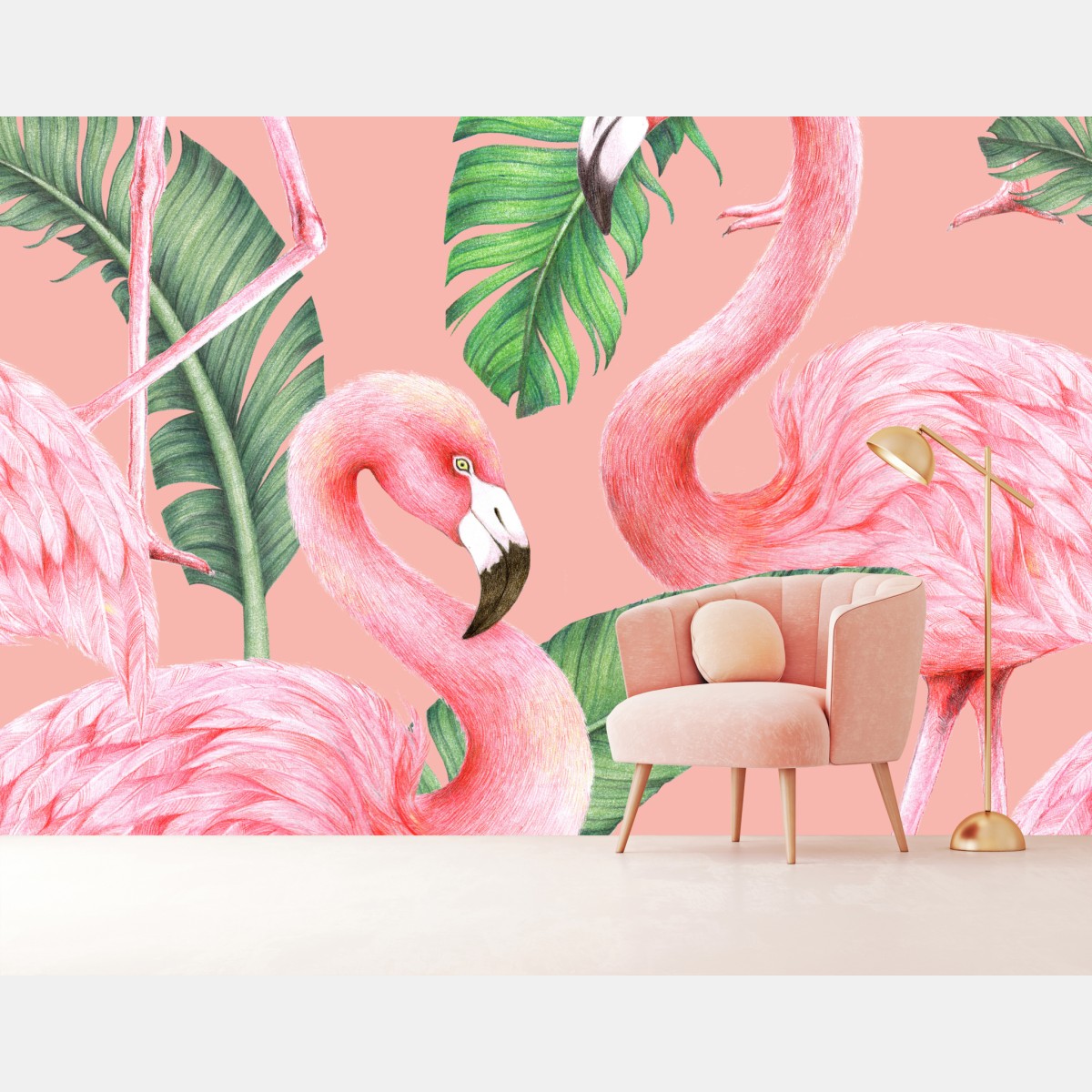 Wall mural pink flamingo pattern with tropical leaves