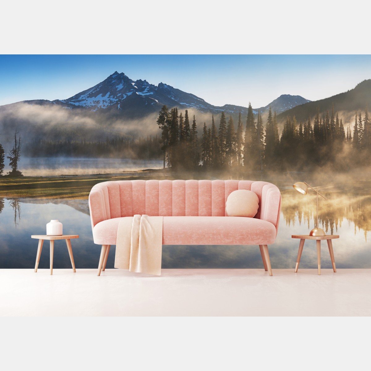 Wall mural misty mountain reflection at sunrise