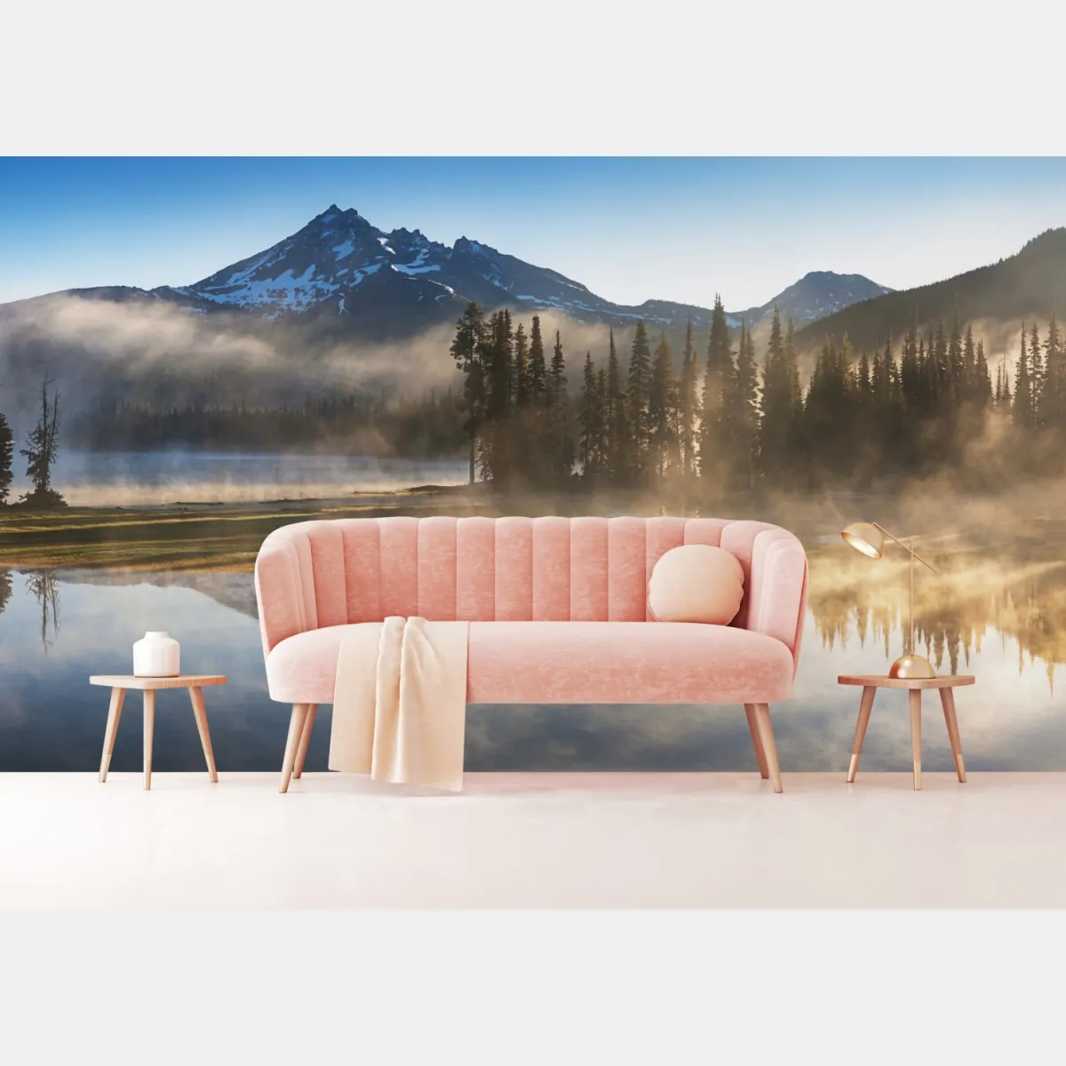 Fototapeta mglista góra odbita w jeziorze o świcie – Wallissimo® Fototapeta mglista góra odbita w jeziorze o świcie – Wallissimo®
