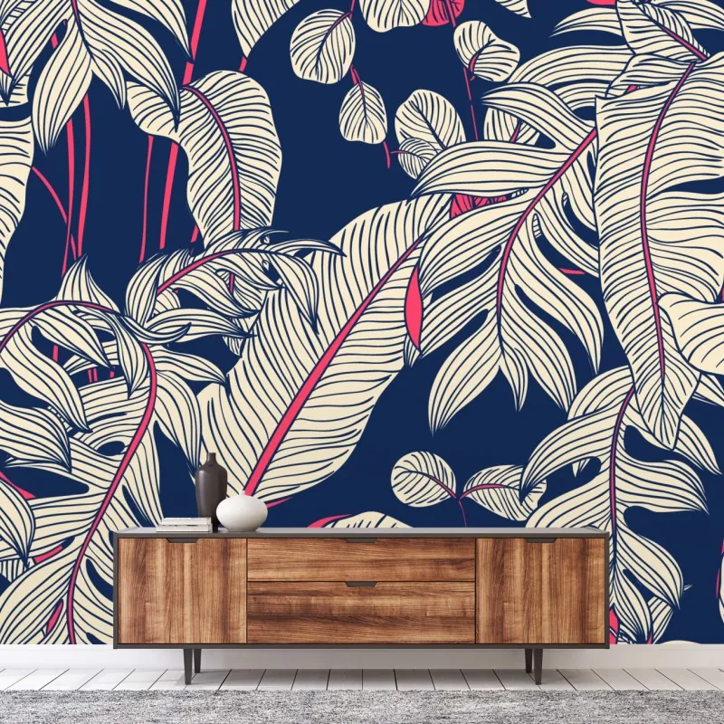 Fototapeta granatowy tropikalny wzór z liśćmi