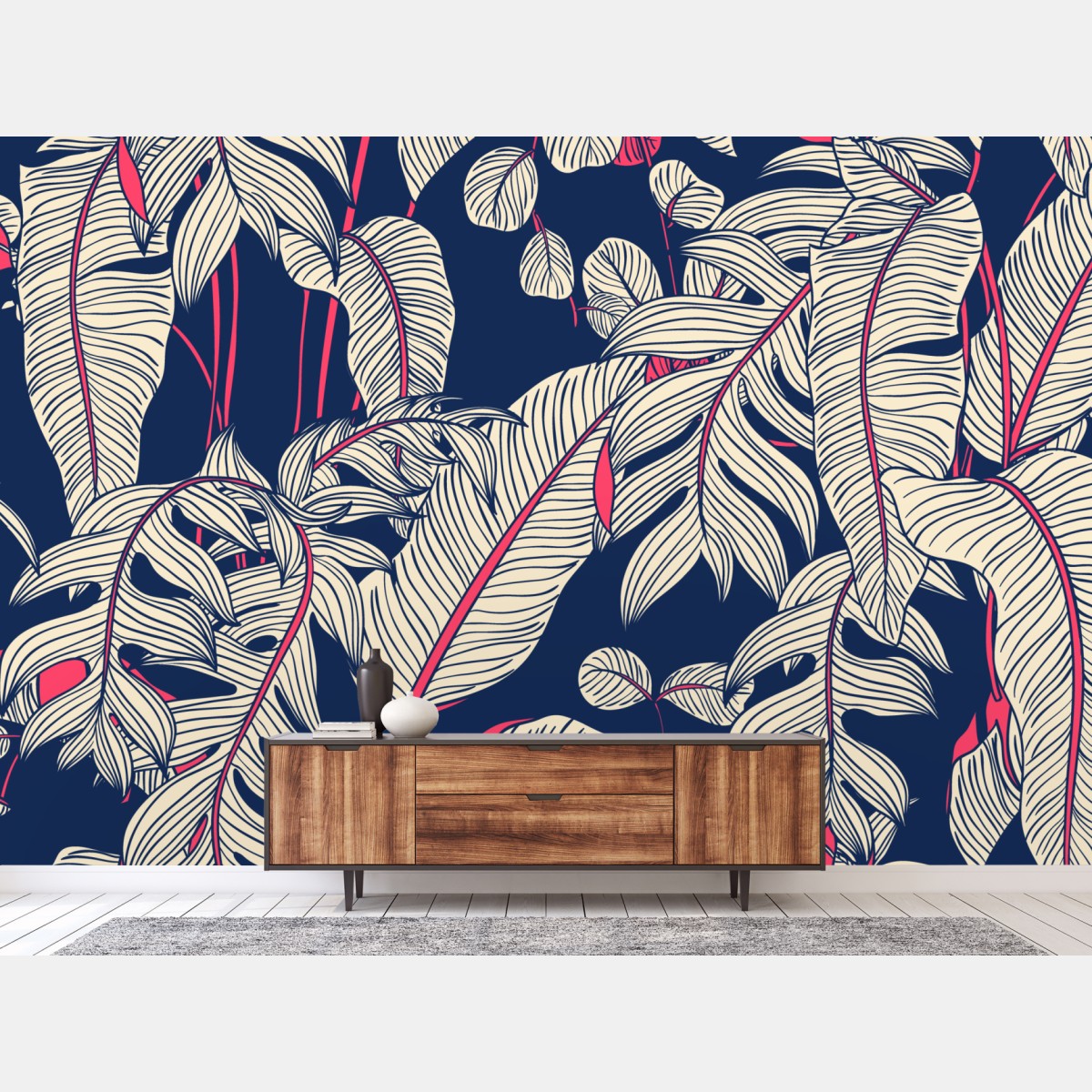 Wall mural navy tropical leaves pattern