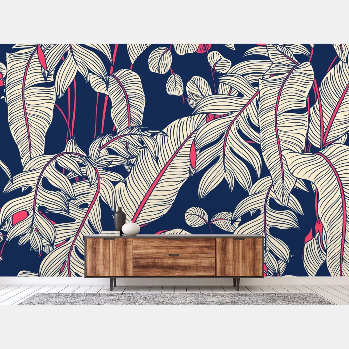 Fototapeta granatowy tropikalny wzór z liśćmi – Wallissimo® Fototapeta granatowy tropikalny wzór z liśćmi – Wallissimo®