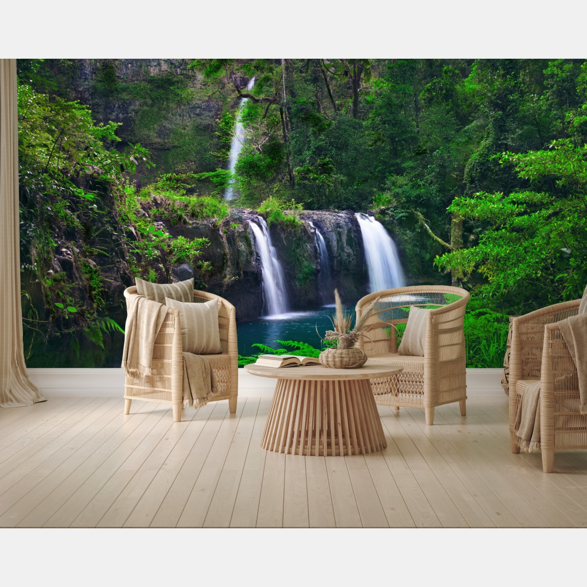 Wall mural calming waterfall in emerald forest