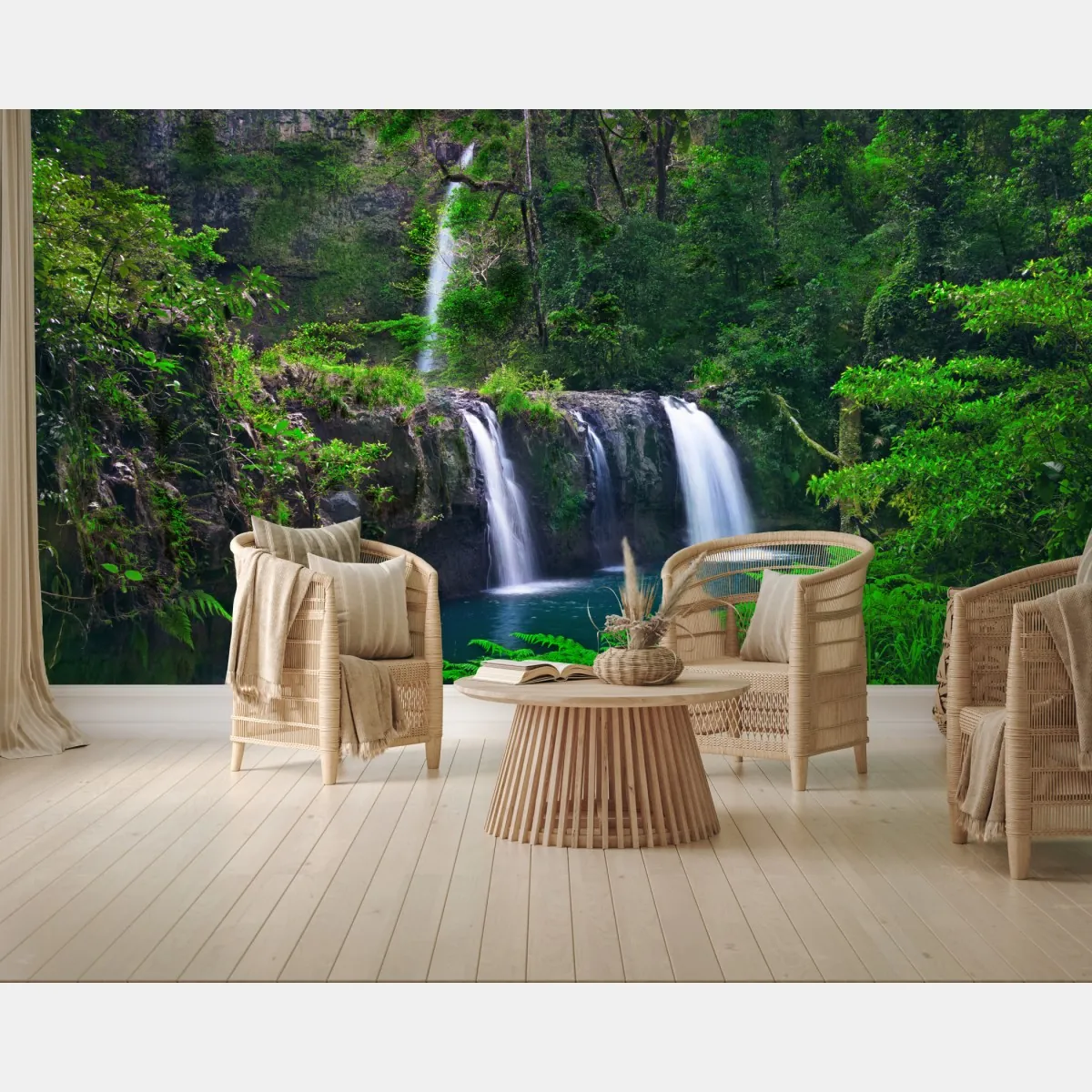 Fototapeta uspokajający wodospad w szmaragdowym lesie – Wallissimo® Fototapeta uspokajający wodospad w szmaragdowym lesie – Wallissimo®