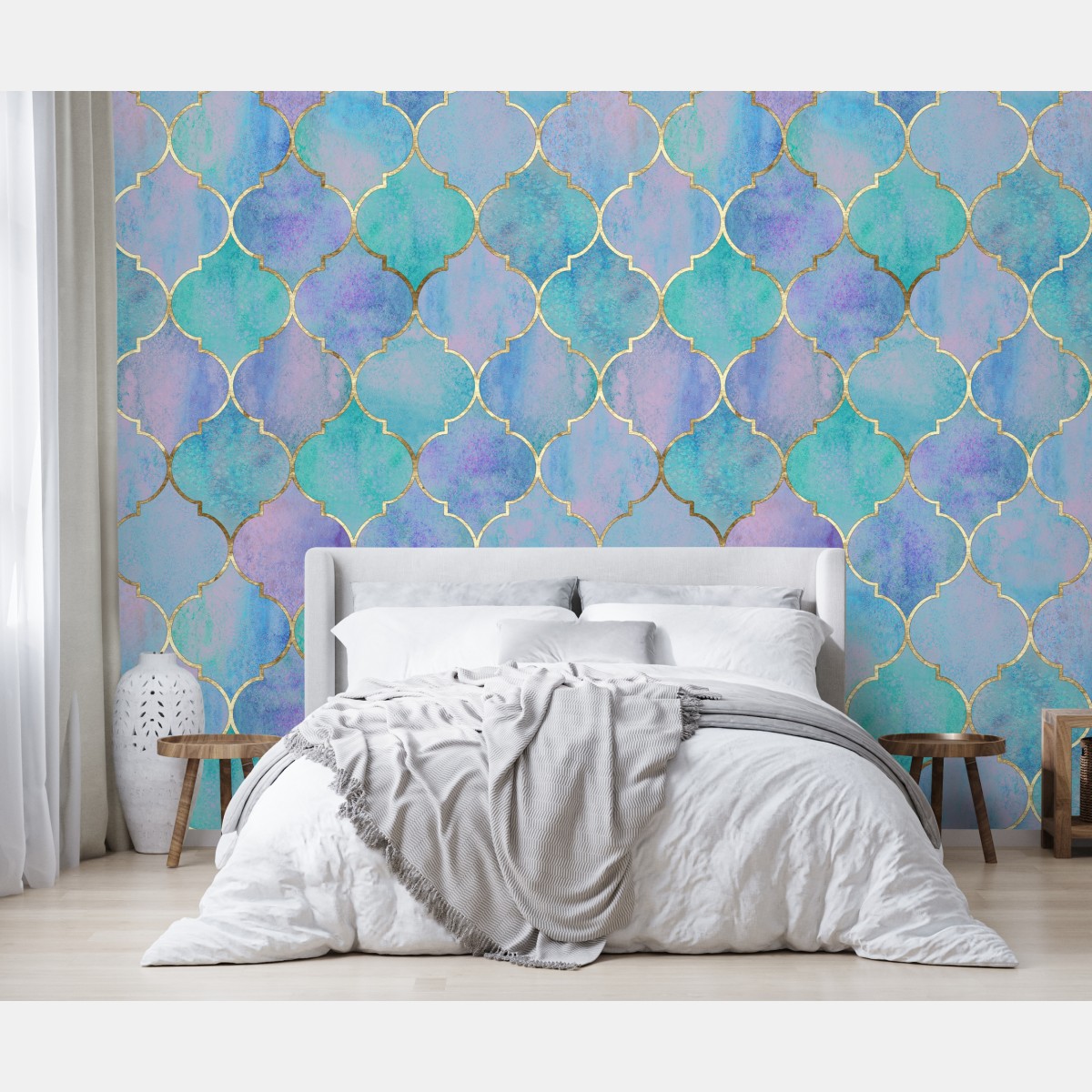 Wall mural pastel turquoise moroccan tile pattern