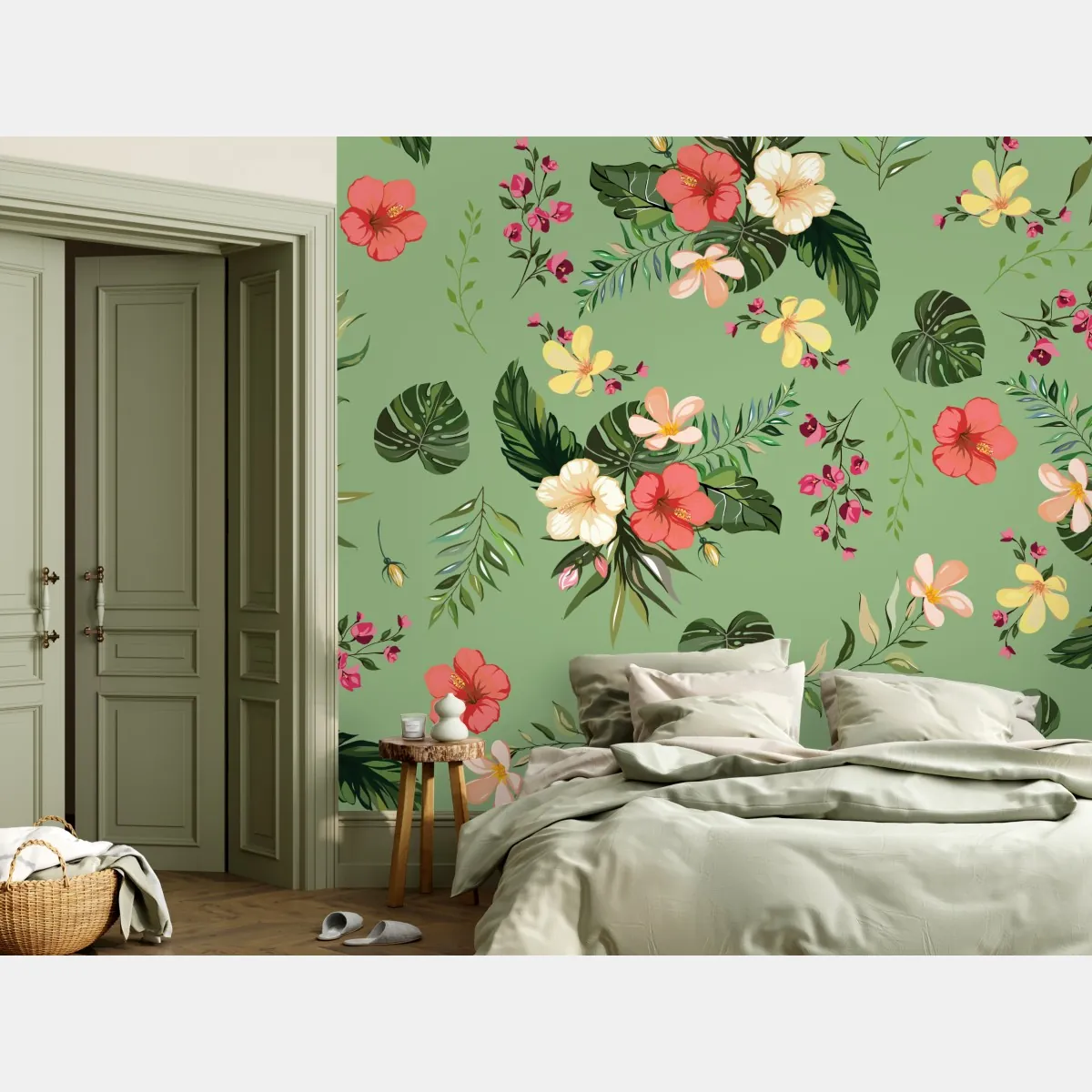 Fototapeta zielony tropikalny wzór hibiskusa – Wallissimo® Fototapeta zielony tropikalny wzór hibiskusa – Wallissimo®