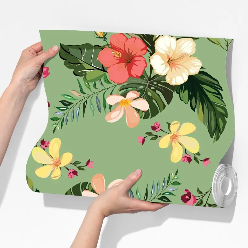 Fototapeta zielony tropikalny wzór hibiskusa – Wallissimo® Fototapeta zielony tropikalny wzór hibiskusa – Wallissimo®