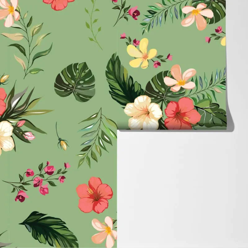 Fototapeta zielony tropikalny wzór hibiskusa – Wallissimo® Fototapeta zielony tropikalny wzór hibiskusa – Wallissimo®