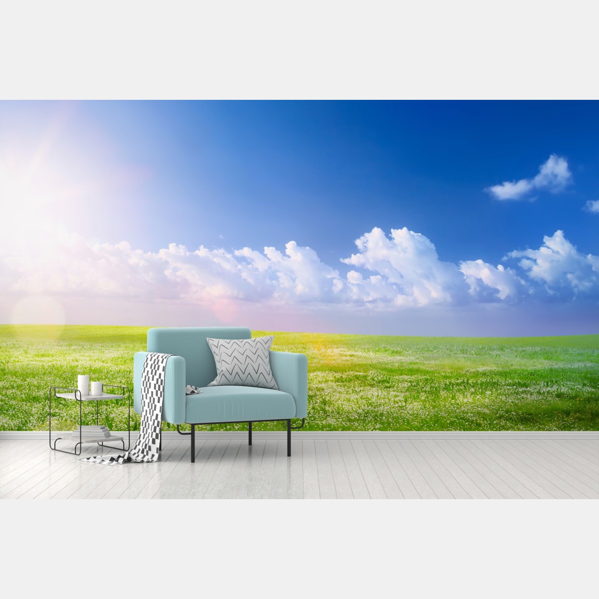 Wall mural sunny spring meadow with blue sky