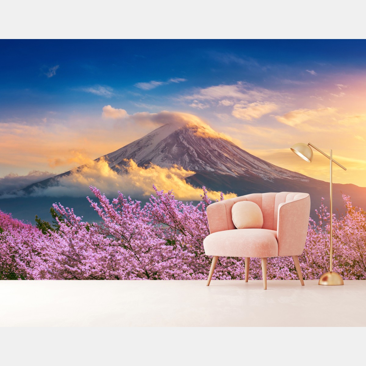 Wall mural Mount Fuji with cherry blossoms at sunrise