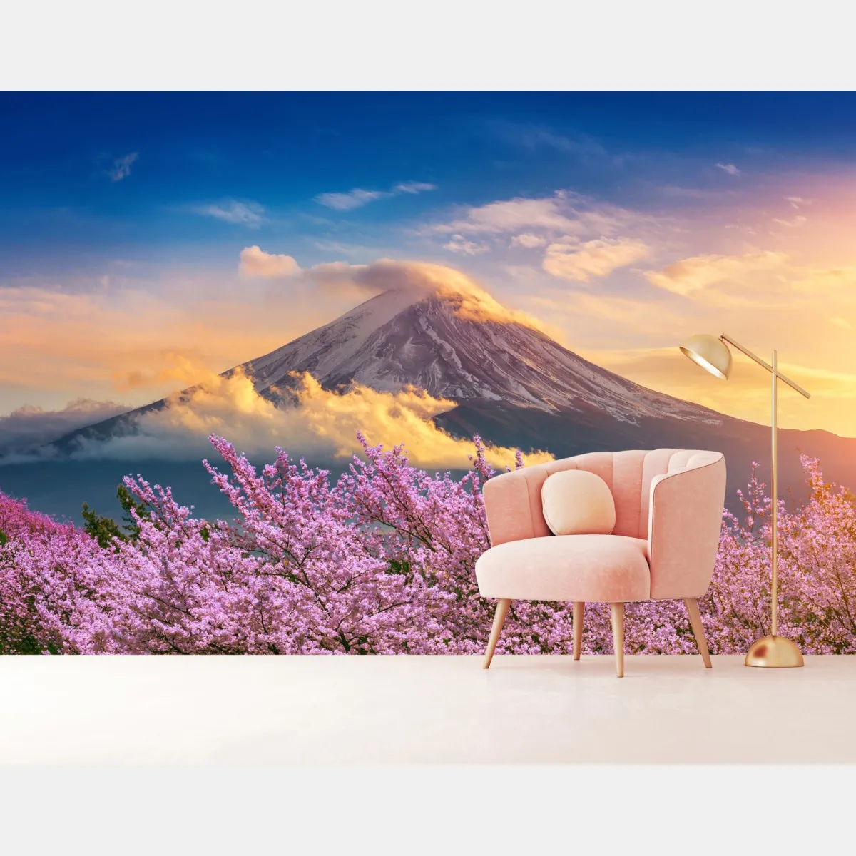 Fototapeta Góra Fuji z kwitnącą sakurą o wschodzie słońca – Wallissimo® Fototapeta Góra Fuji z kwitnącą sakurą o wschodzie słońca – Wallissimo®