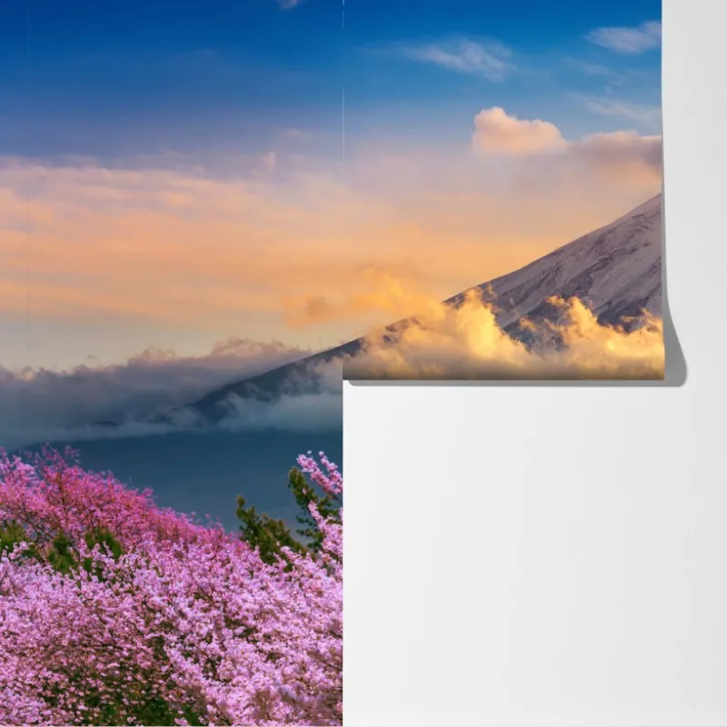 Fototapeta Góra Fuji z kwitnącą sakurą o wschodzie słońca – Wallissimo® Fototapeta Góra Fuji z kwitnącą sakurą o wschodzie słońca – Wallissimo®