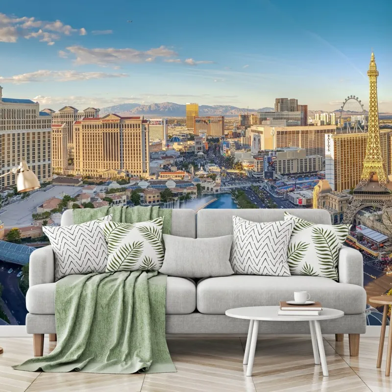 Fototapeta słoneczna panorama Las Vegas z tańczącymi fontannami i wieżą Eiffla