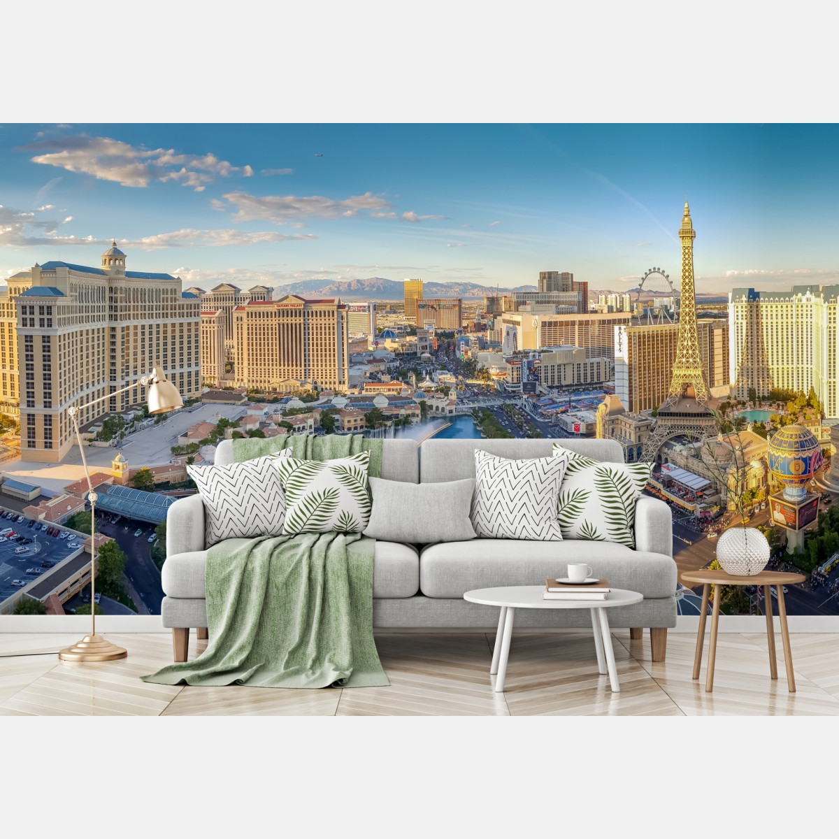 Wall mural Las Vegas skyline with Bellagio fountains and Eiffel Tower