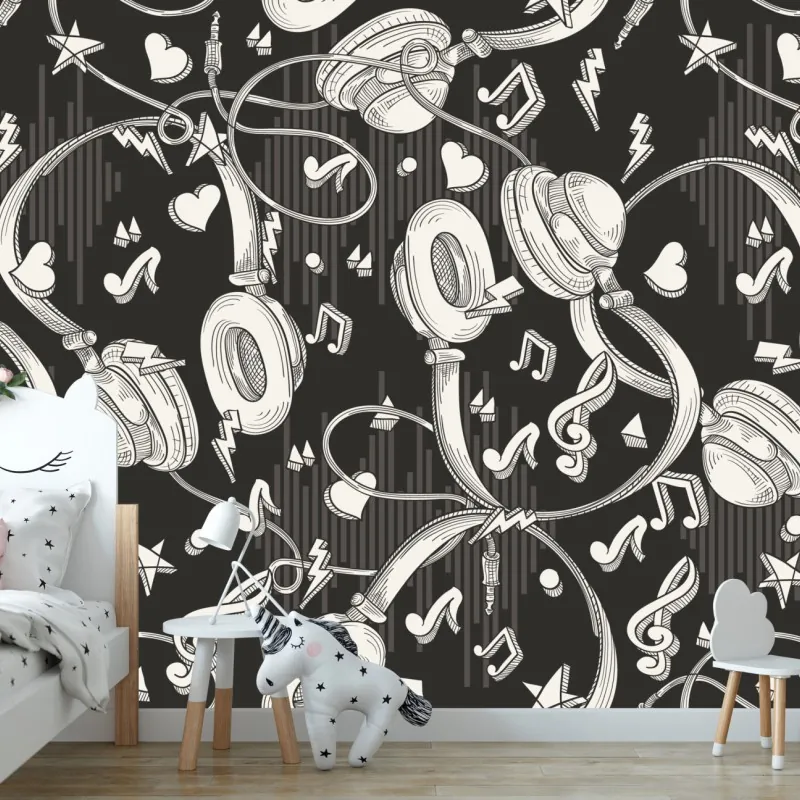 Fototapeta monochromatyczny wzór słuchawek i nut