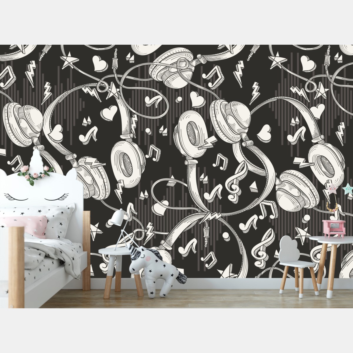 Wall mural monochrome headphones and music notes pattern
