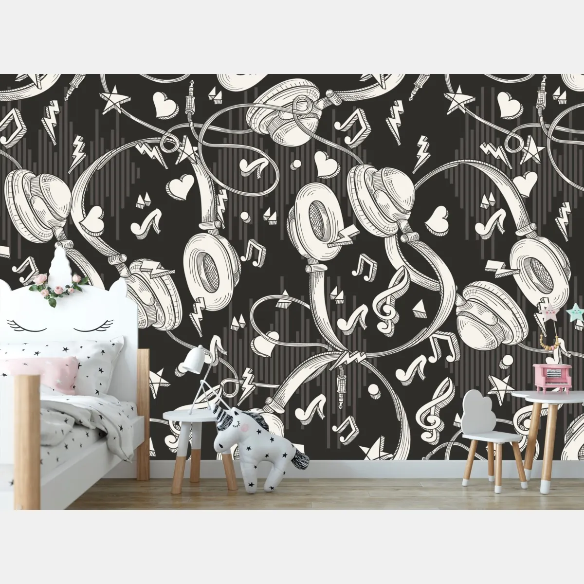 Fototapeta monochromatyczny wzór słuchawek i nut – Wallissimo® Fototapeta monochromatyczny wzór słuchawek i nut – Wallissimo®