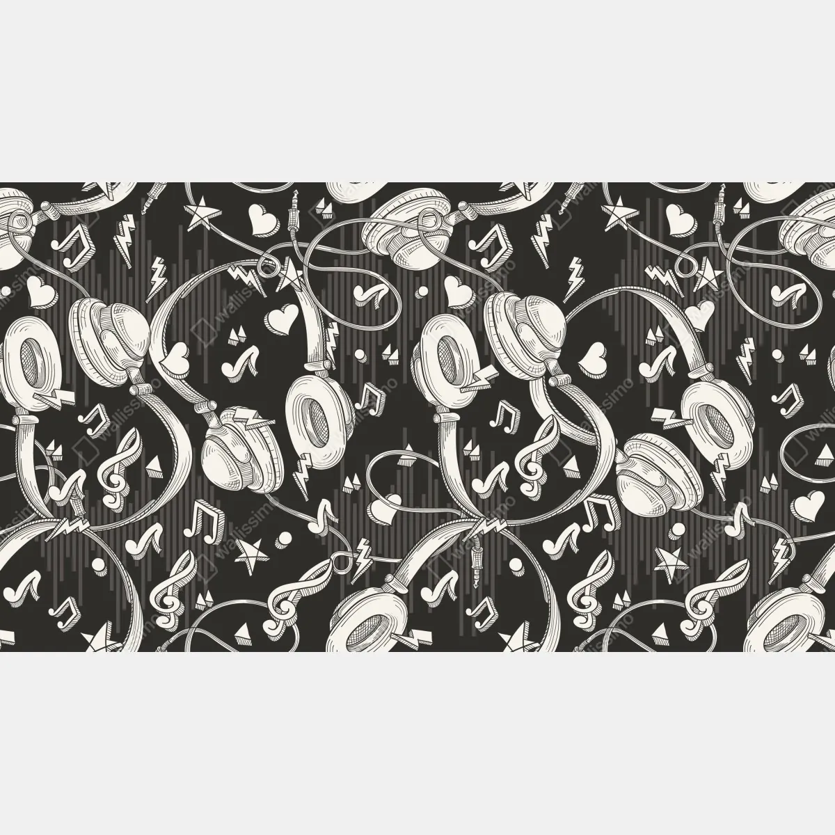 Fototapeta monochromatyczny wzór słuchawek i nut – Wallissimo® Fototapeta monochromatyczny wzór słuchawek i nut – Wallissimo®