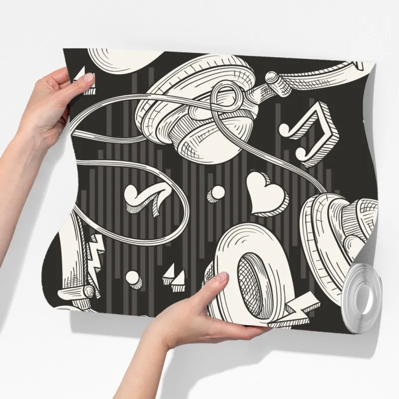 Fototapeta monochromatyczny wzór słuchawek i nut – Wallissimo® Fototapeta monochromatyczny wzór słuchawek i nut – Wallissimo®