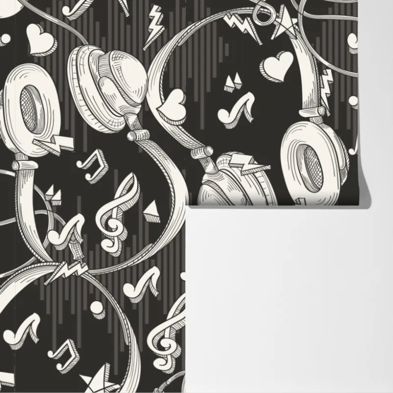 Fototapeta monochromatyczny wzór słuchawek i nut – Wallissimo® Fototapeta monochromatyczny wzór słuchawek i nut – Wallissimo®