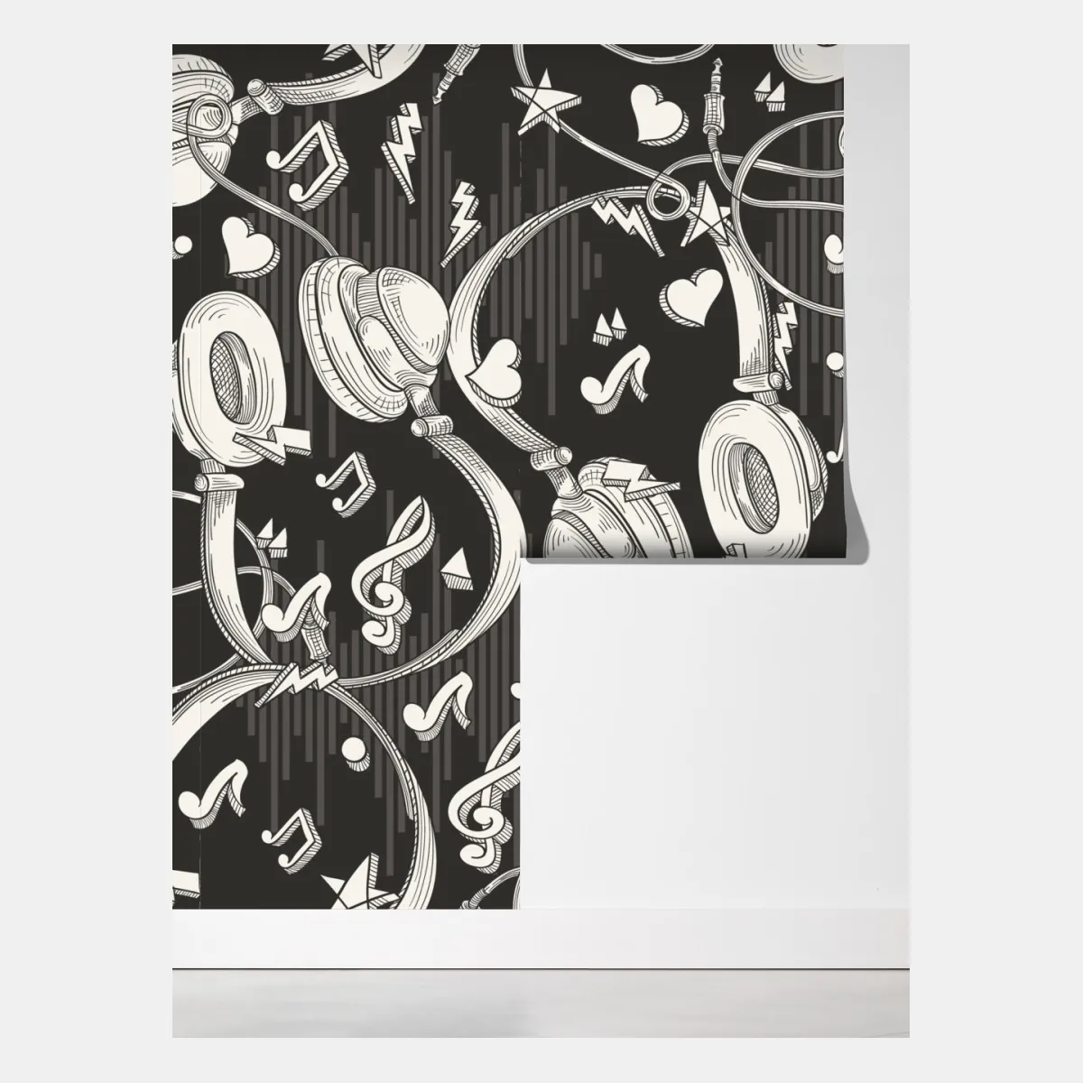 Fototapeta monochromatyczny wzór słuchawek i nut – Wallissimo® Fototapeta monochromatyczny wzór słuchawek i nut – Wallissimo®