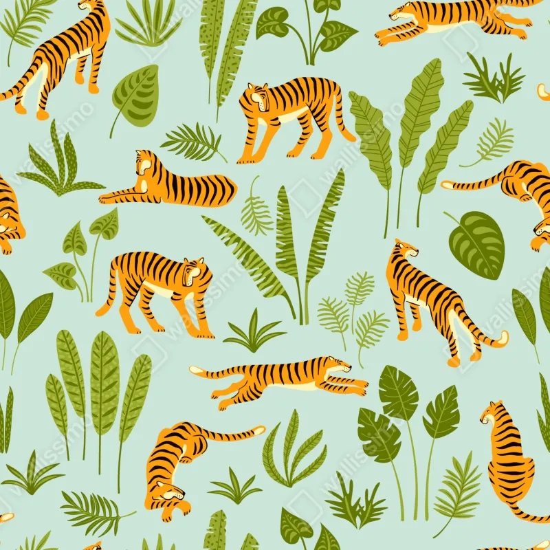 Fototapeta egzotyczne tygrysy wśród liści – Wallissimo® Fototapeta egzotyczne tygrysy wśród liści – Wallissimo®