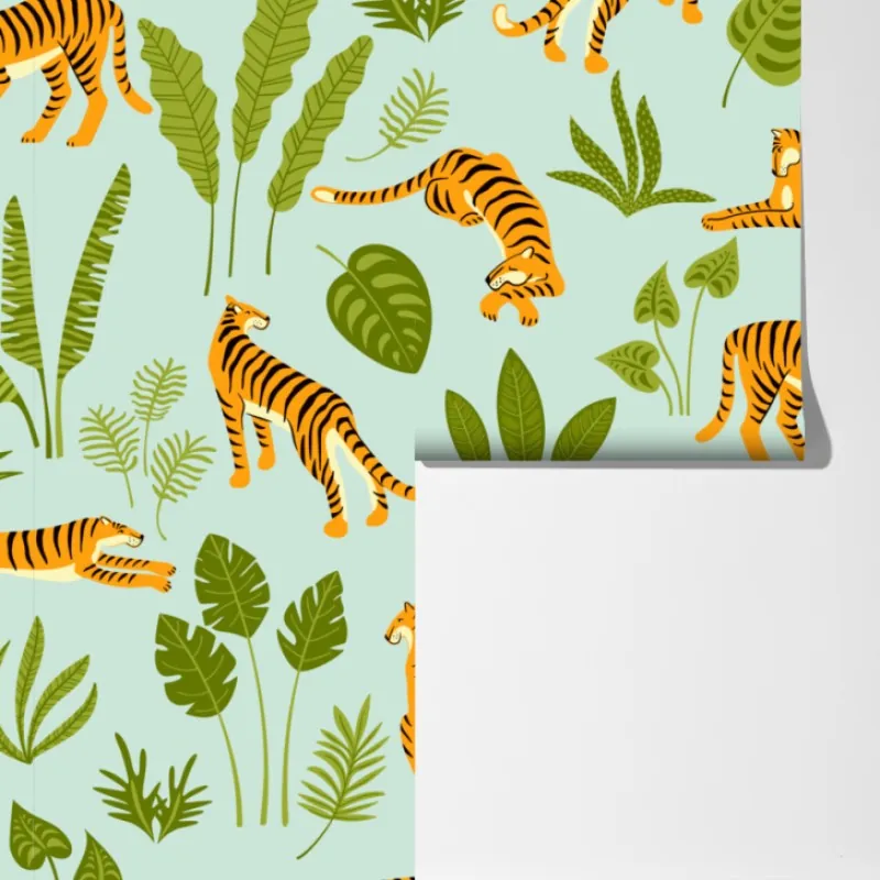 Fototapeta egzotyczne tygrysy wśród liści – Wallissimo® Fototapeta egzotyczne tygrysy wśród liści – Wallissimo®