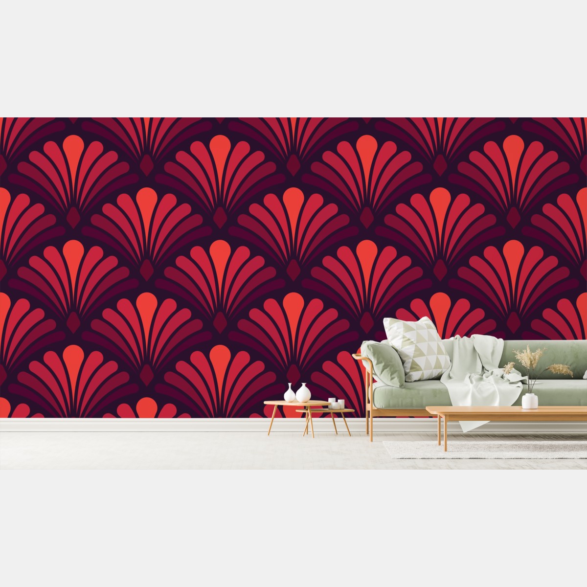 Wall mural art deco fan pattern in coral and burgundy