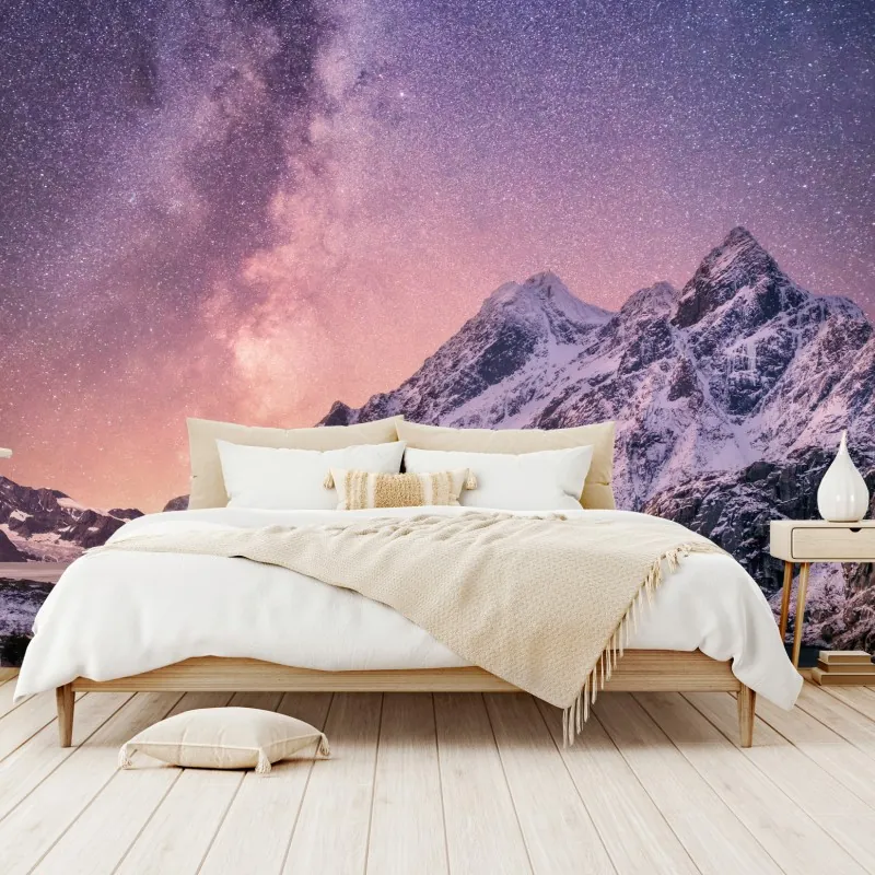 Fototapeta droga mleczna nad ośnieżonymi górami w Norwegii