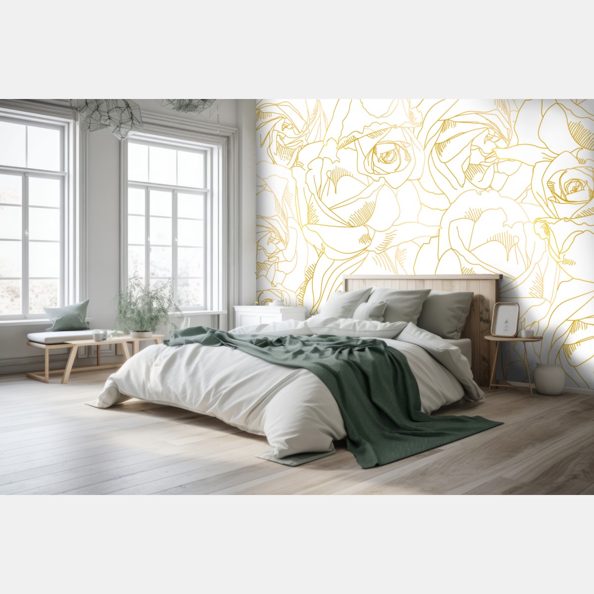 Wall mural delicate gold rose line art pattern