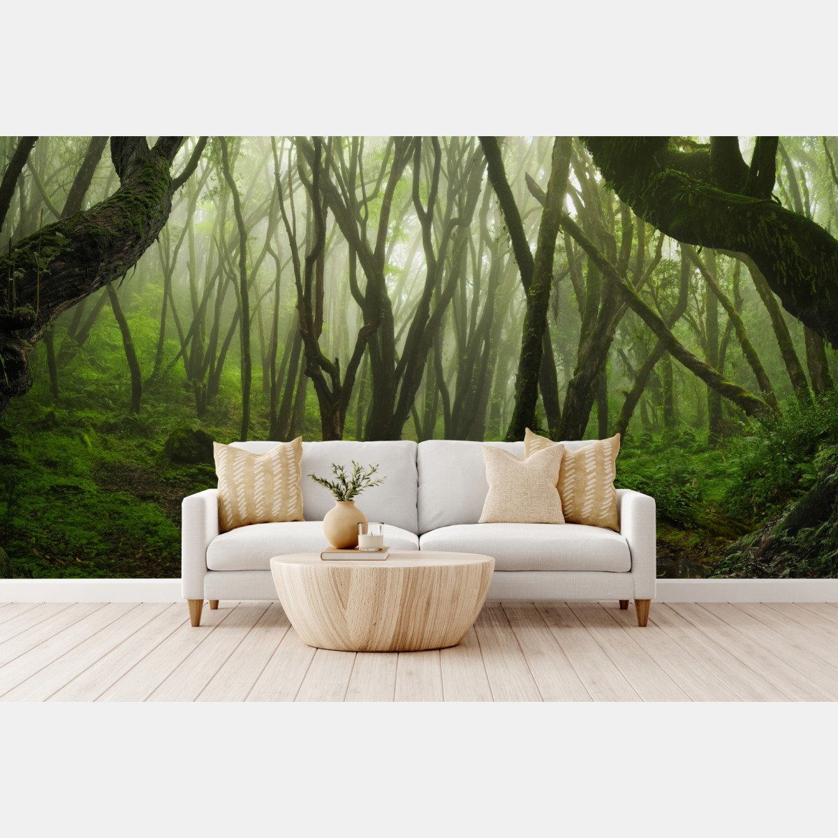 Wall mural misty green forest path