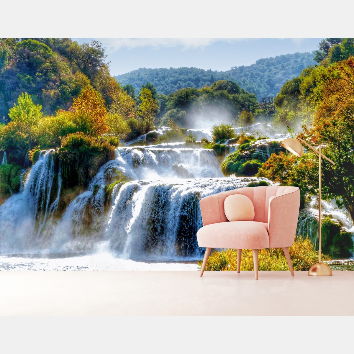 Wall mural cascading waterfall in lush forest