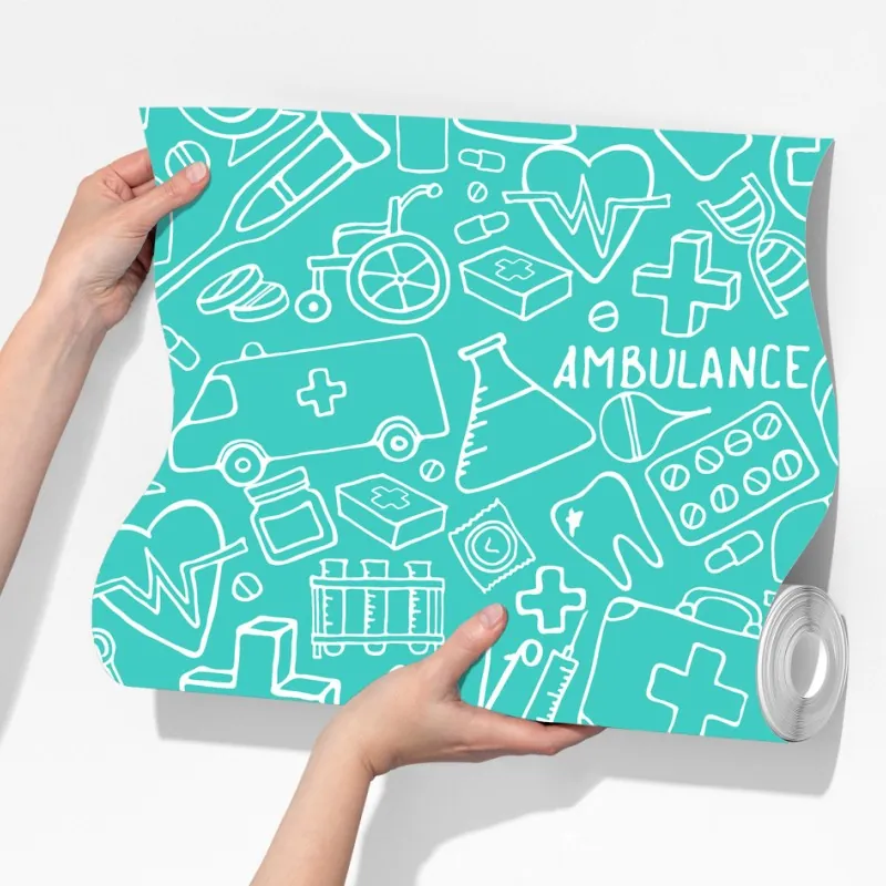 Fototapeta turkusowy wzór z ikonami medycznymi – Wallissimo® Fototapeta turkusowy wzór z ikonami medycznymi – Wallissimo®